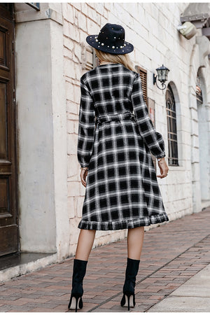 Simplee Office o-neck plaid ruffle A-line women dress Elegant checkered long sleeves buttons midi vestidos Pocket dresses female